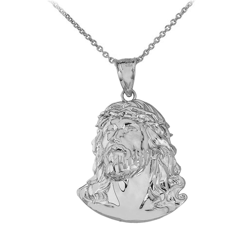 Sterling Silver Cubic Zirconia Jesus Christ Face Pendant Necklace (1.43")