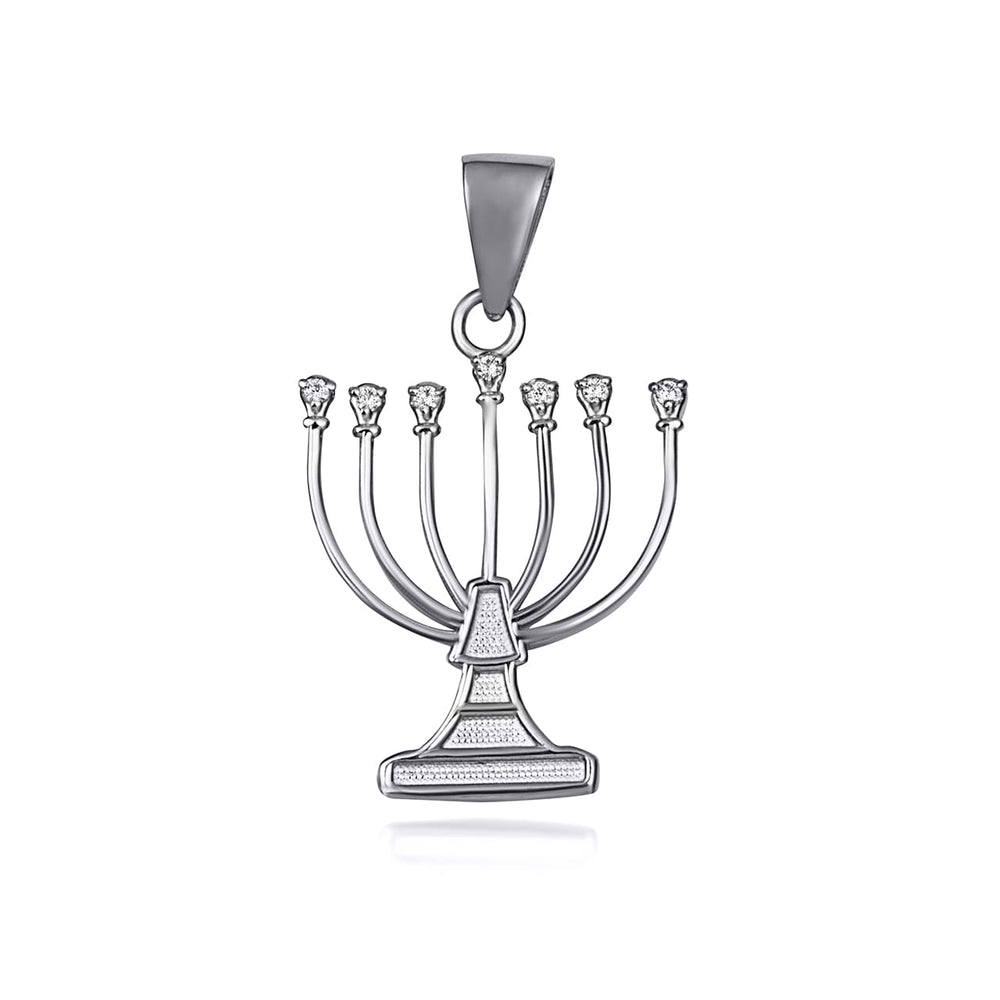 Sterling Silver Cubic Zirconia Jewish Menorah Hanukkah Candle Pendant Necklace