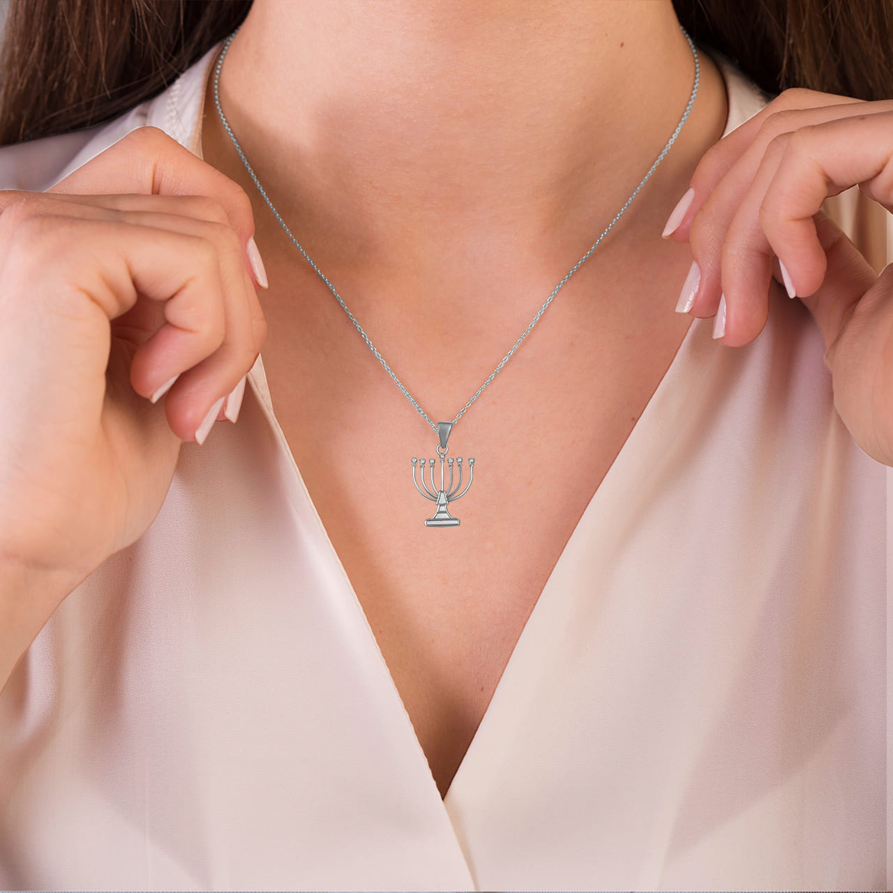 Sterling Silver Cubic Zirconia Jewish Menorah Hanukkah Candle Pendant Necklace, view 2