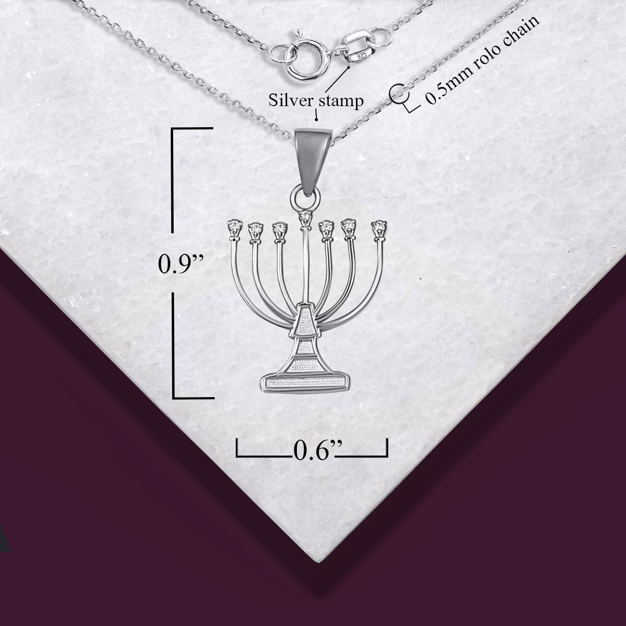 Sterling Silver Cubic Zirconia Jewish Menorah Hanukkah Candle Pendant Necklace, view 3