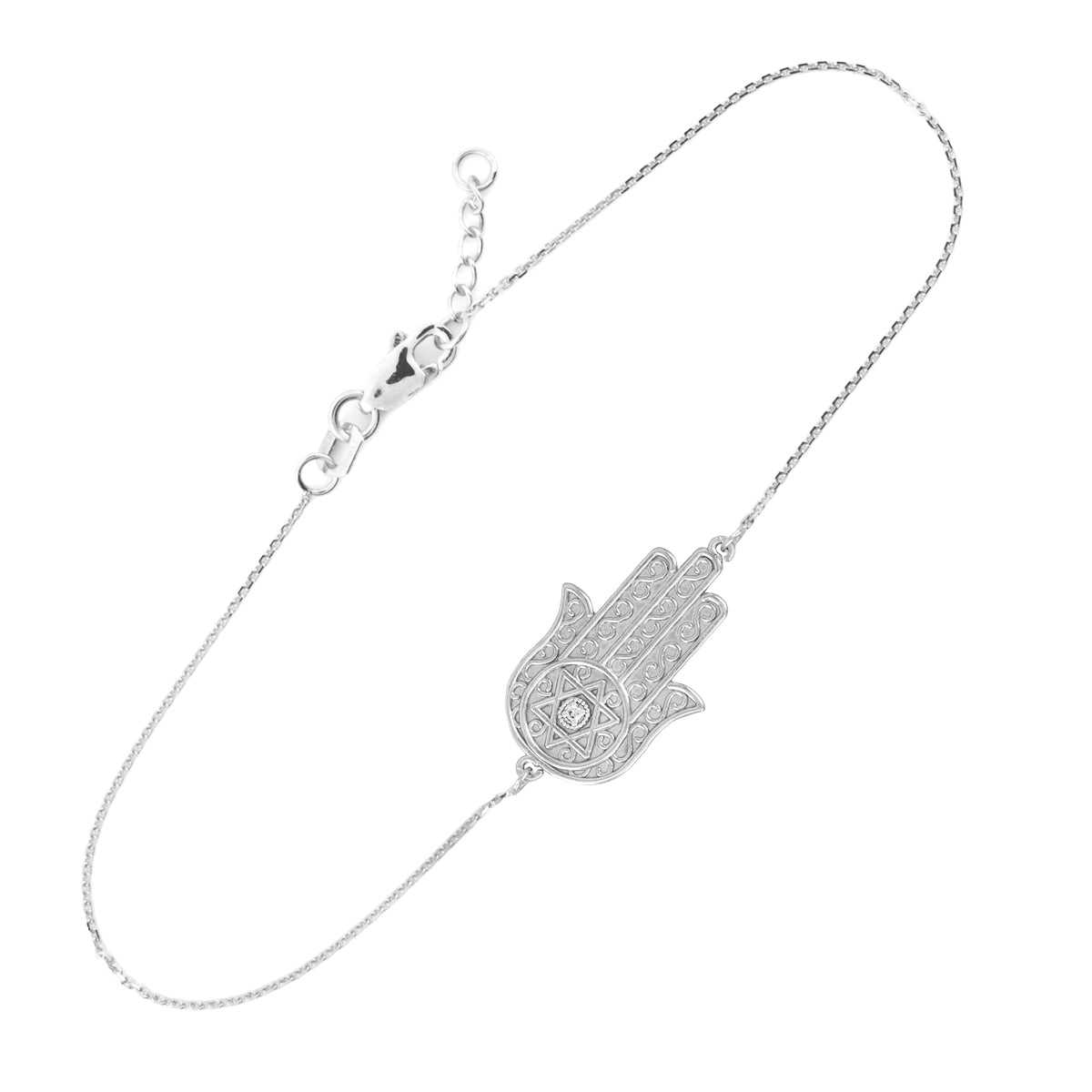 Sterling Silver Cubic Zirconia Jewish Star of David Hamsa Hand Bracelet