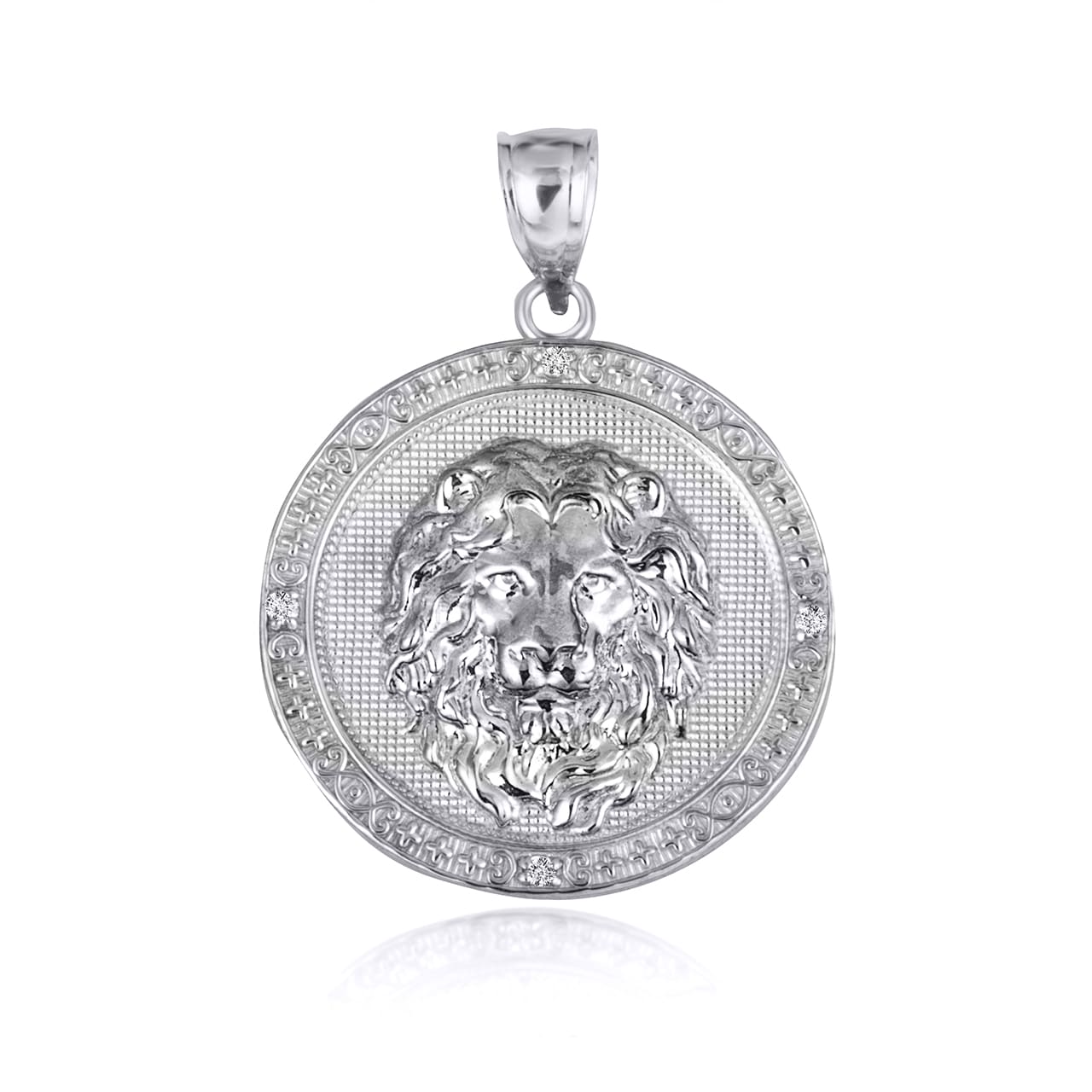 Sterling Silver Cubic Zirconia Lion Beaded Coin Pendant Necklace