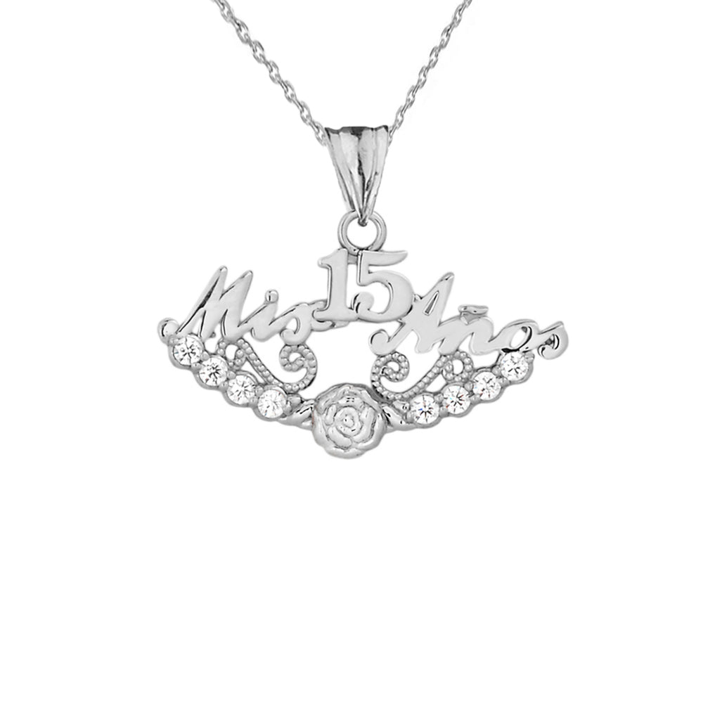 Sterling Silver Cubic Zirconia Mis 15 Años Flower Quinceañera Pendant Necklace