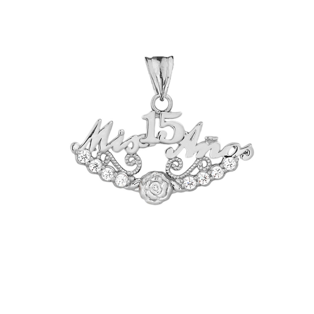 Sterling Silver Cubic Zirconia Mis 15 Años Flower Quinceañera Pendant Necklace, view 2