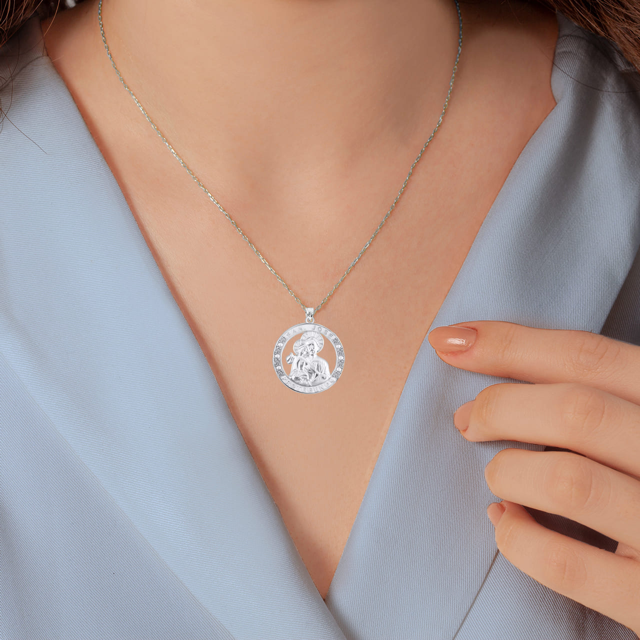 Sterling Silver Cubic Zirconia Patron Saint Joseph Baby Jesus Pendant Necklace, view 2