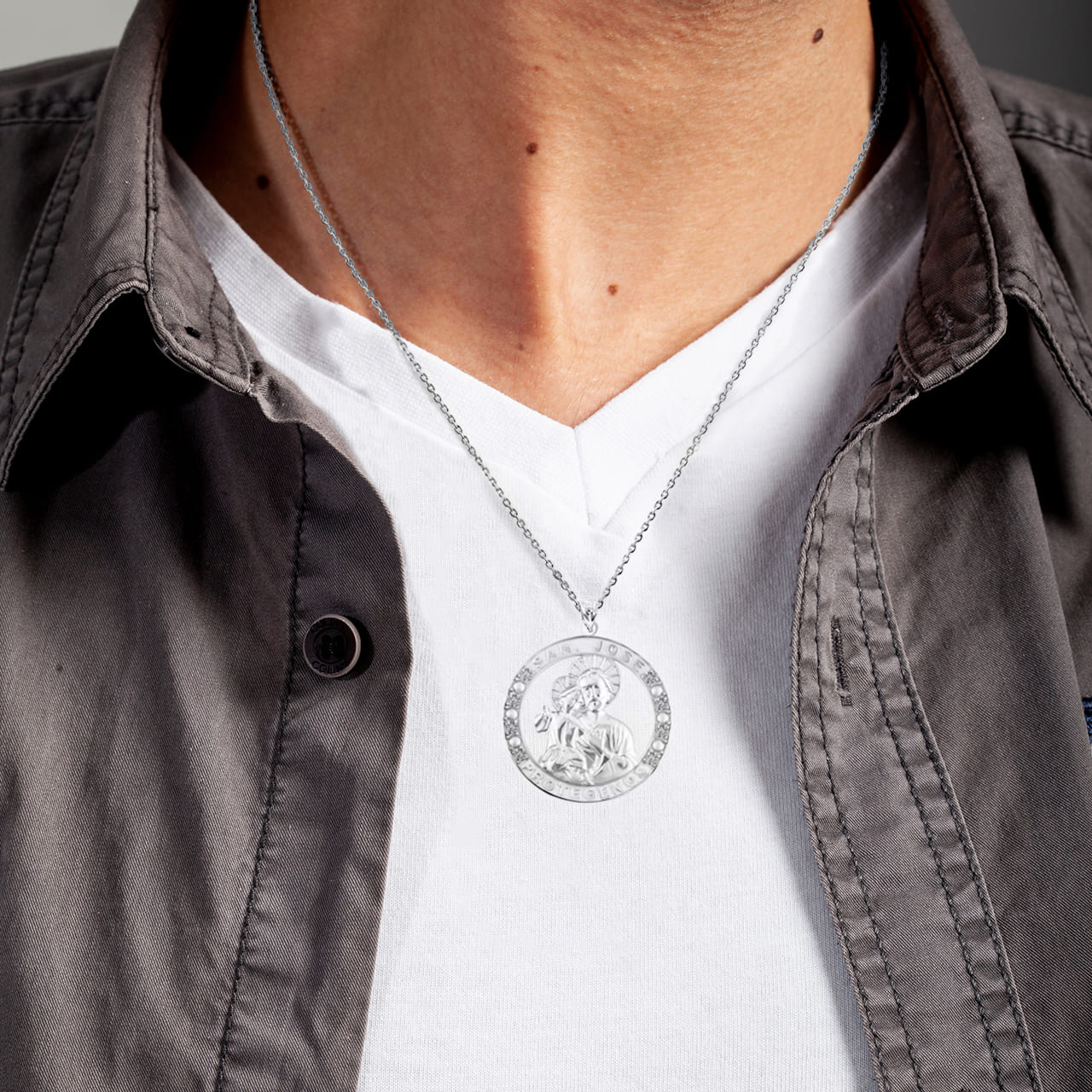 Sterling Silver Cubic Zirconia Patron Saint Joseph Baby Jesus Pendant Necklace, view 3
