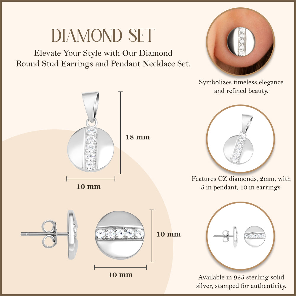Sterling Silver Cubic Zirconia Round Stud Earrings Pendant Necklace Set, view 4