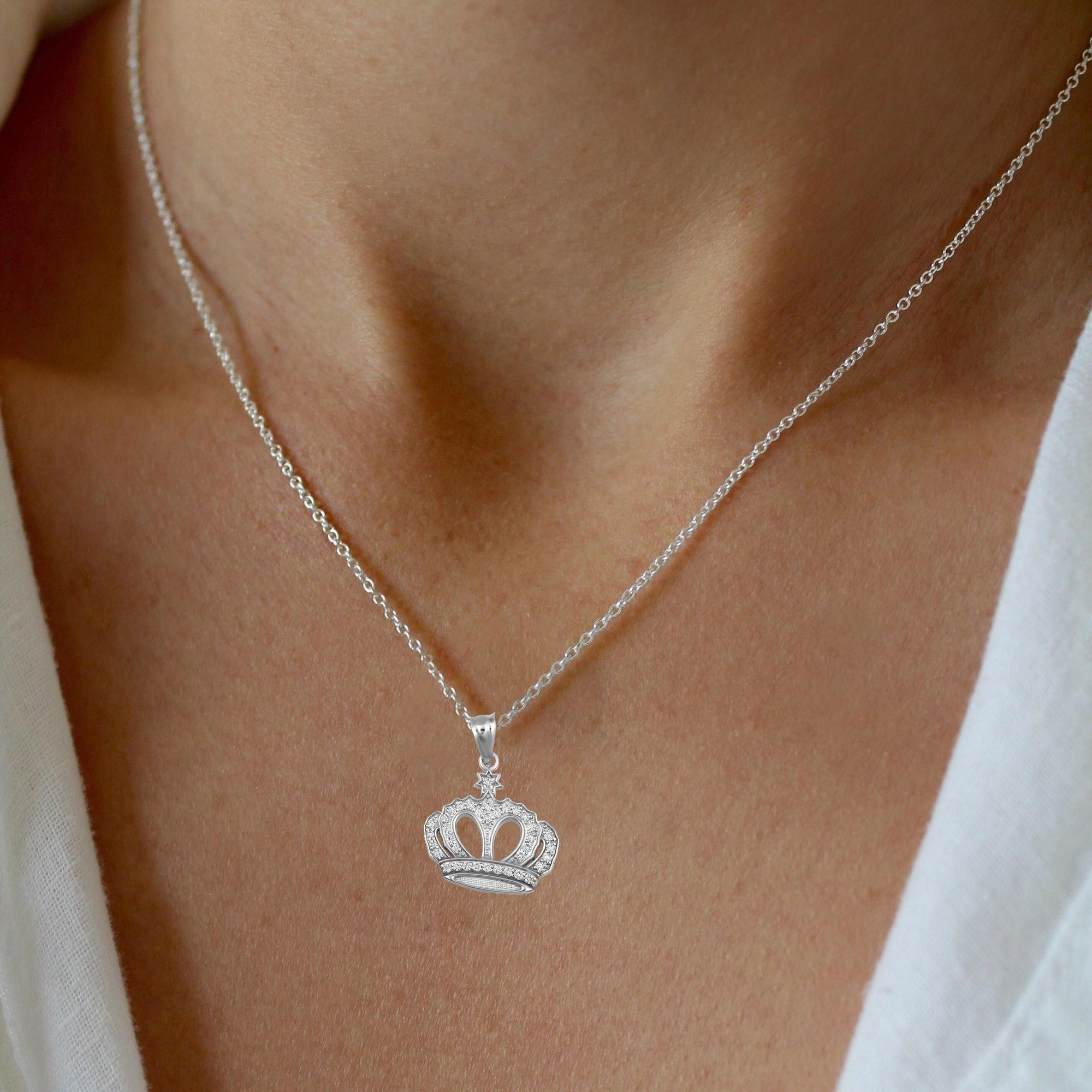 Sterling Silver Cubic Zirconia Royal Crown Pendant Necklace, view 2