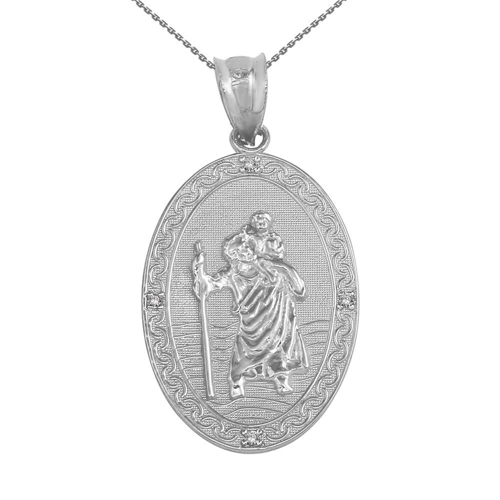 Sterling Silver Cubic Zirconia Saint Christopher Engravable Filigree Oval Medallion Pendant Necklace (1.12")