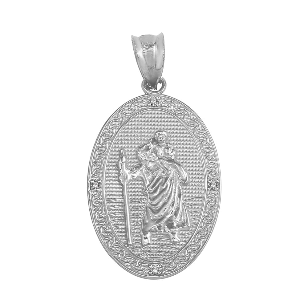Sterling Silver Cubic Zirconia Saint Christopher Engravable Filigree Oval Medallion Pendant Necklace (1.12"), view 2