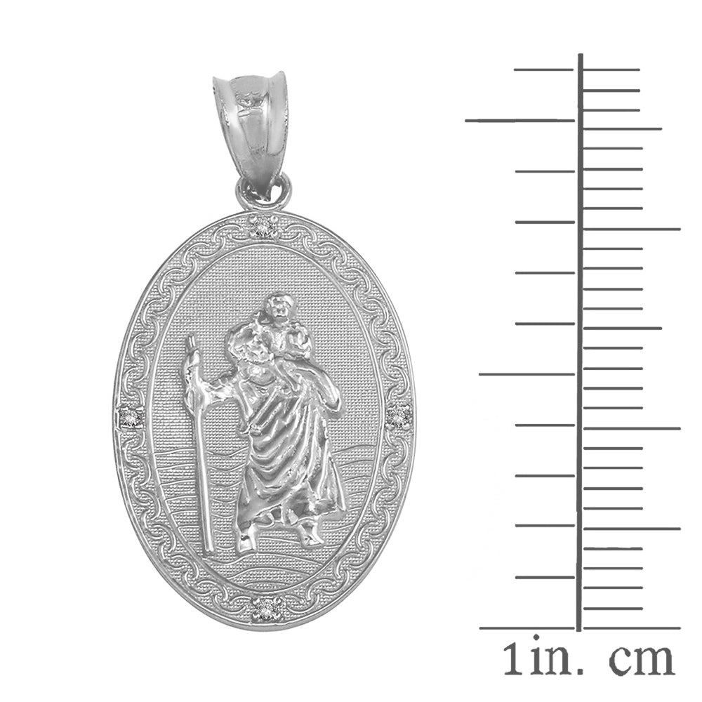 Sterling Silver Cubic Zirconia Saint Christopher Engravable Filigree Oval Medallion Pendant Necklace (1.12"), view 3