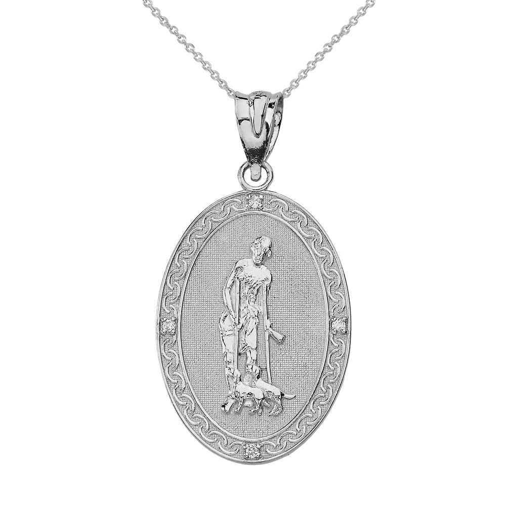 Sterling Silver Cubic Zirconia Saint Lazarus Filigree Oval Medallion Pendant Necklace (1.02")