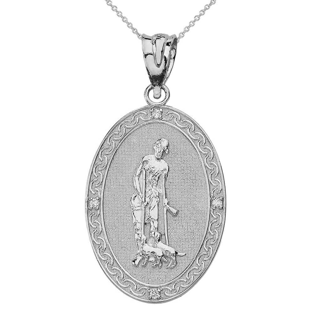 Sterling Silver Cubic Zirconia Saint Lazarus Filigree Oval Medallion Pendant Necklace (1.19")