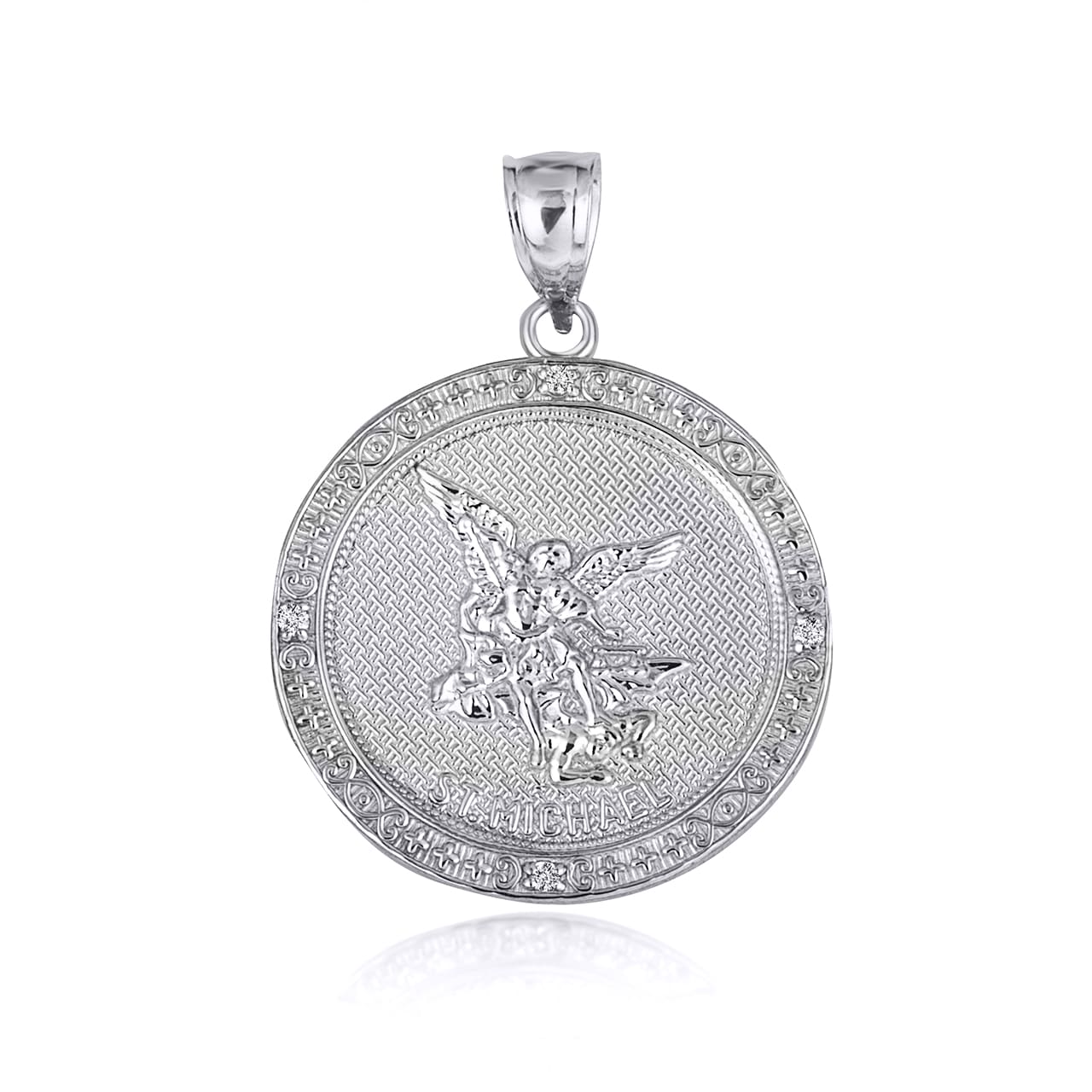 Sterling Silver Cubic Zirconia Saint Michael Archangel Beaded Coin Pendant Necklace