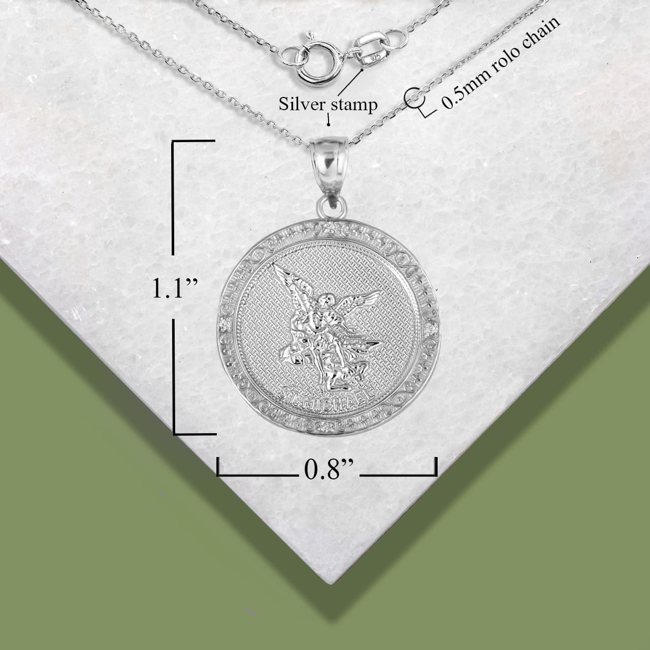 Sterling Silver Cubic Zirconia Saint Michael Archangel Beaded Coin Pendant Necklace, view 3
