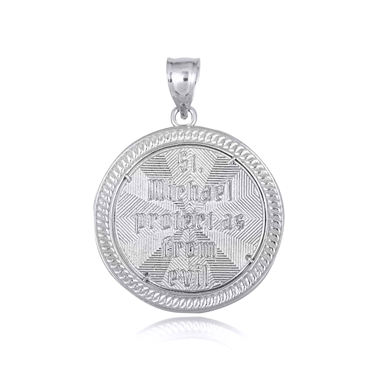 Sterling Silver Cubic Zirconia Saint Michael Archangel Beaded Coin Pendant Necklace, view 4