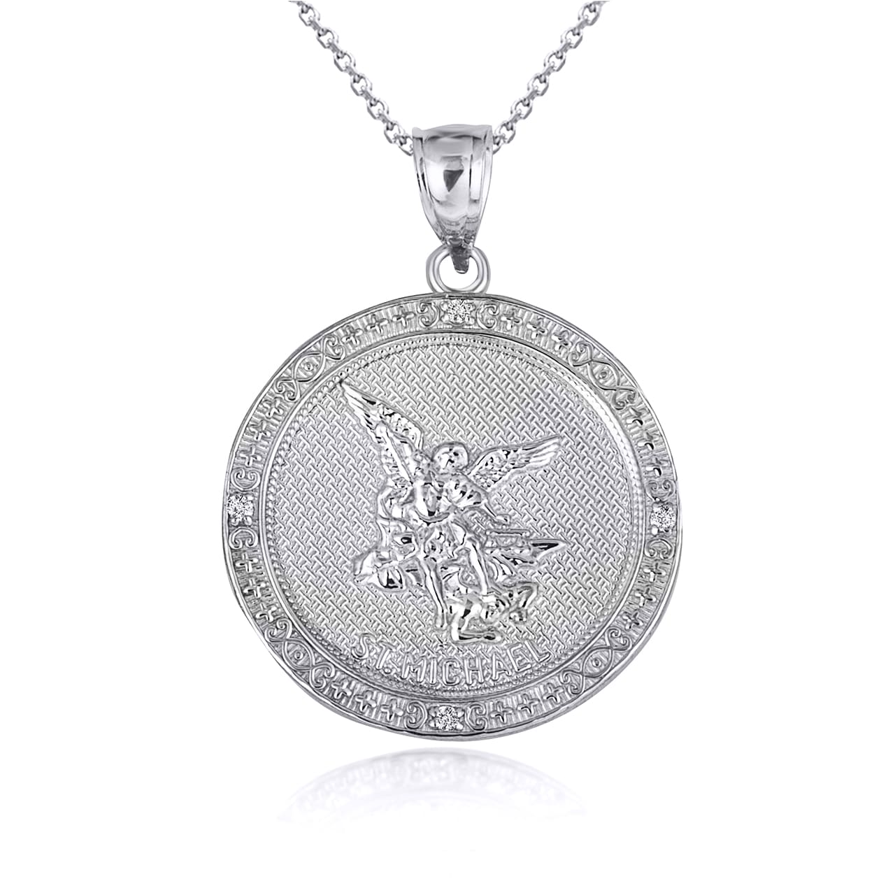 Sterling Silver Cubic Zirconia Saint Michael Archangel Beaded Coin Pendant Necklace, view 5