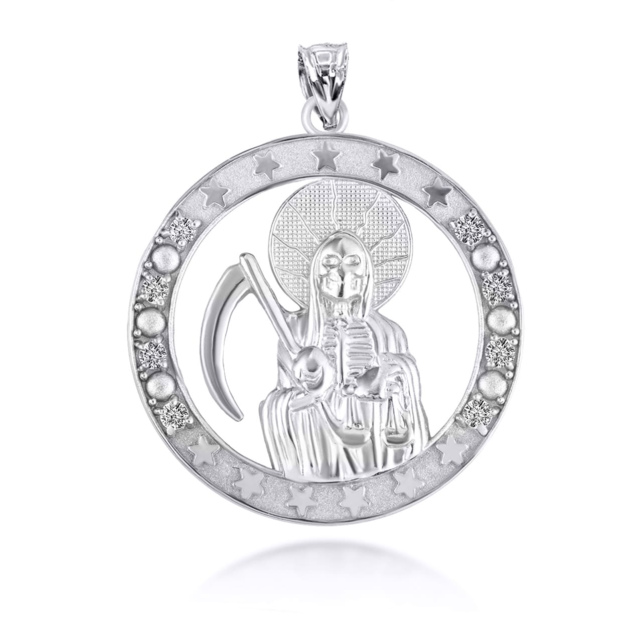 Sterling Silver Cubic Zirconia Santa Muerte Grim Reaper Round Pendant Necklace
