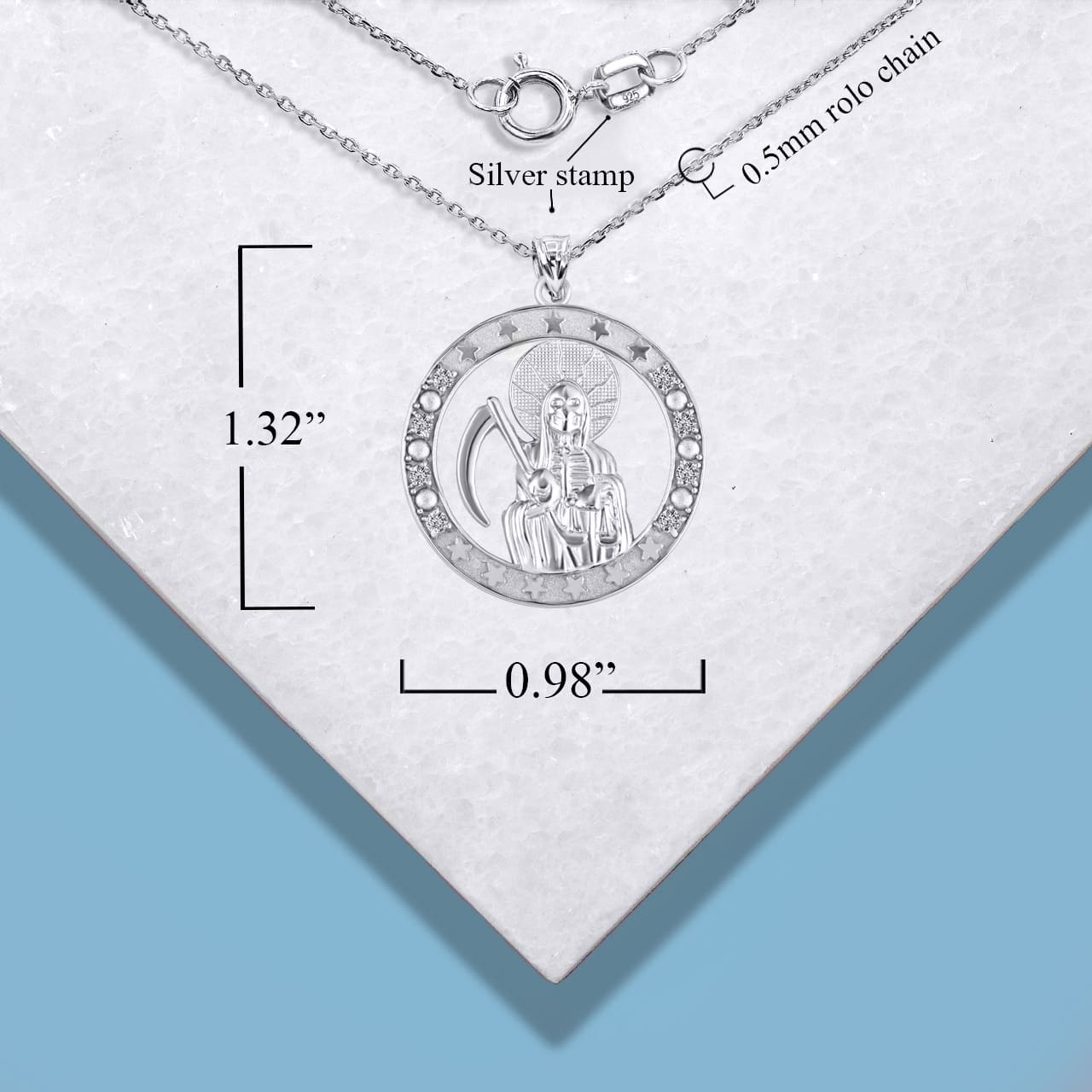 Sterling Silver Cubic Zirconia Santa Muerte Grim Reaper Round Pendant Necklace, view 4