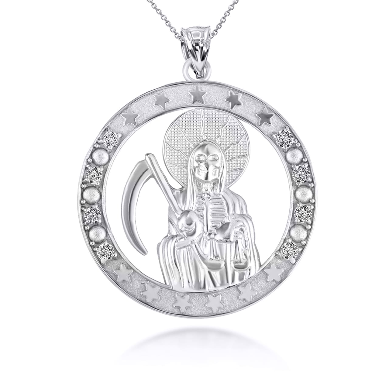Sterling Silver Cubic Zirconia Santa Muerte Grim Reaper Round Pendant Necklace, view 5