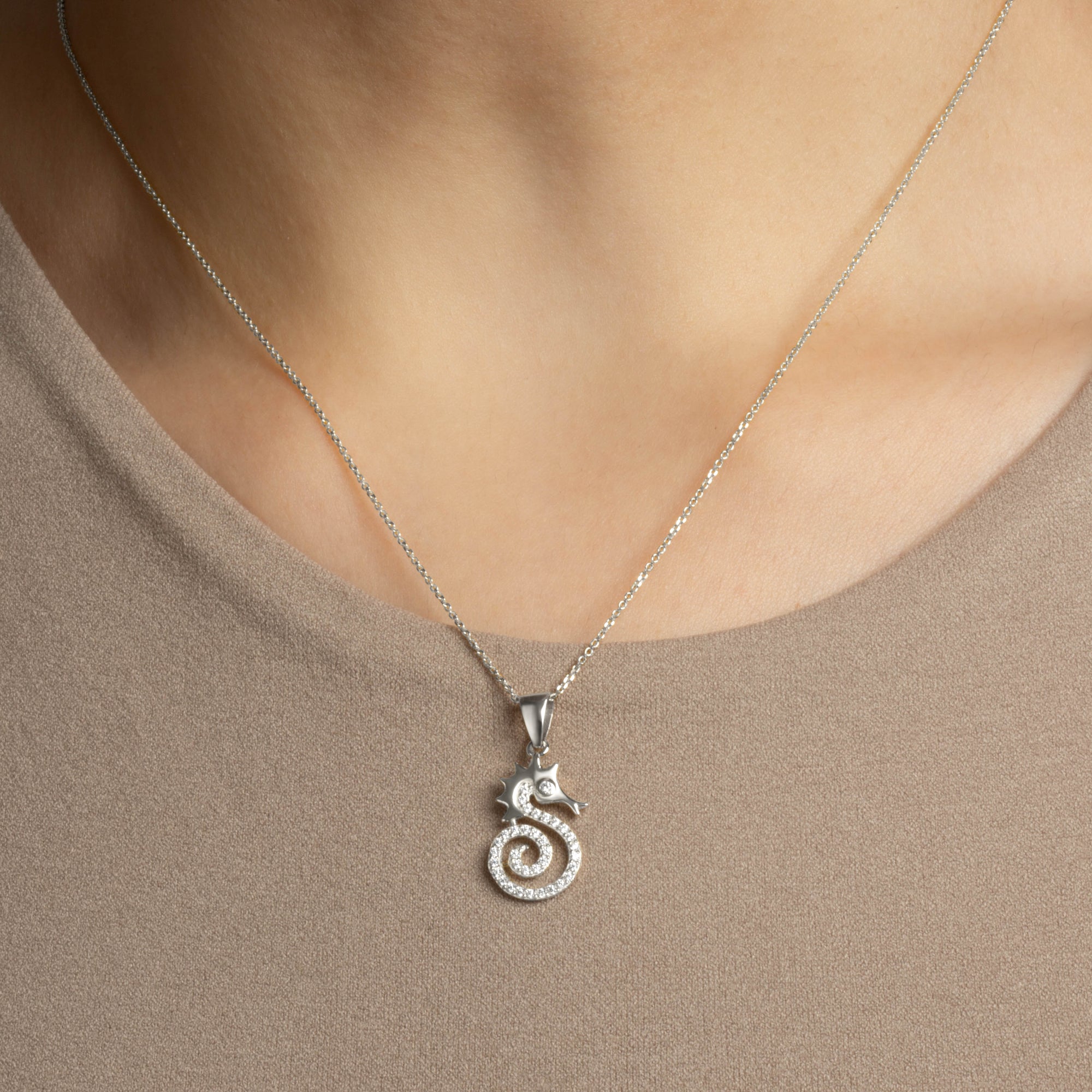 Sterling Silver Cubic Zirconia Seahorse Pendant Necklace, view 2
