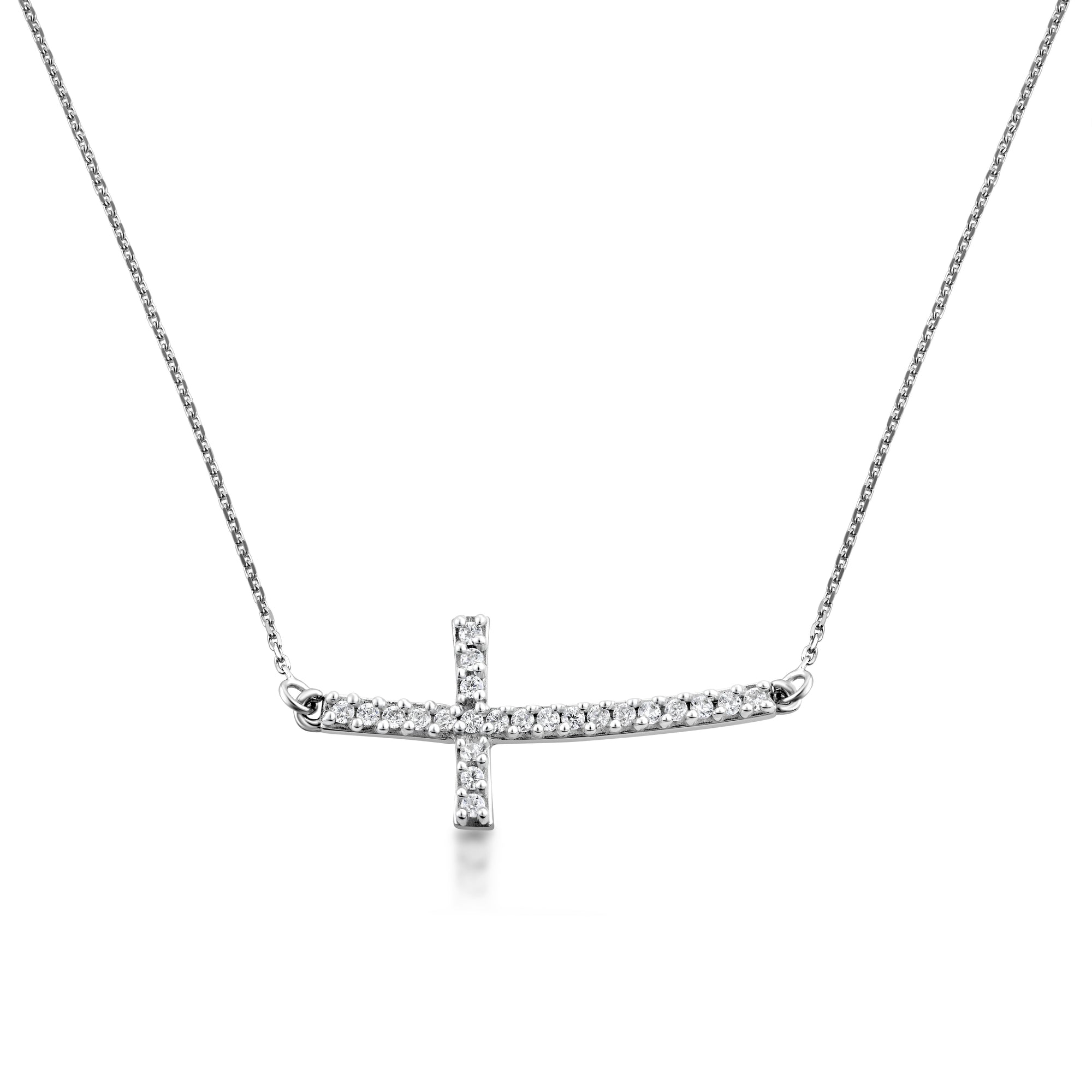 Sterling Silver Cubic Zirconia Sideways Cross Pendant Necklace