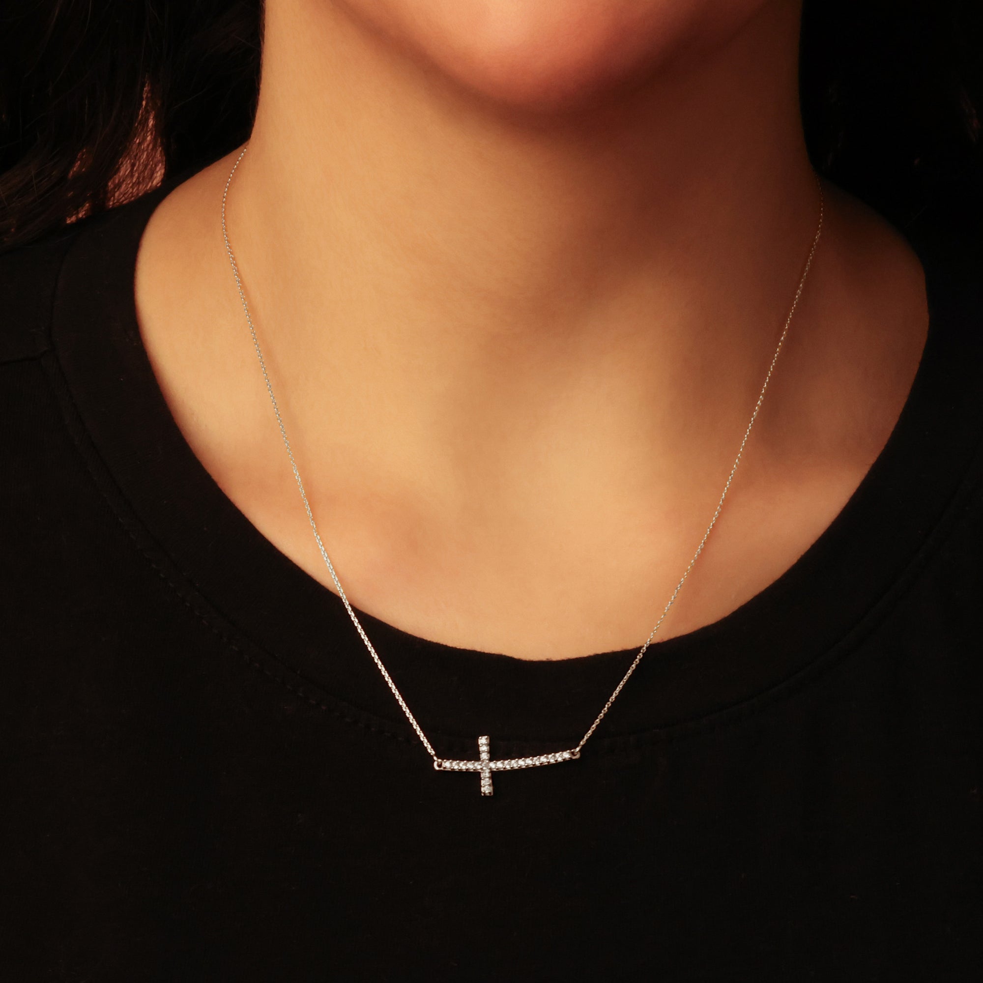 Sterling Silver Cubic Zirconia Sideways Cross Pendant Necklace, view 2