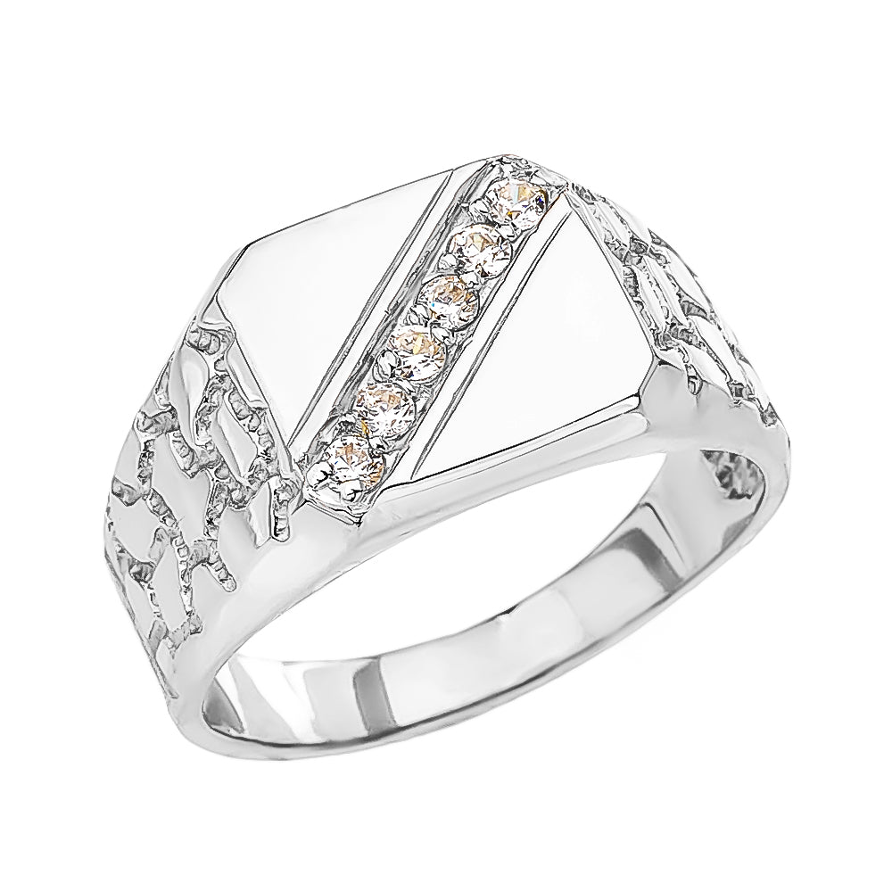 Sterling Silver Cubic Zirconia Signet Men's Nugget Ring