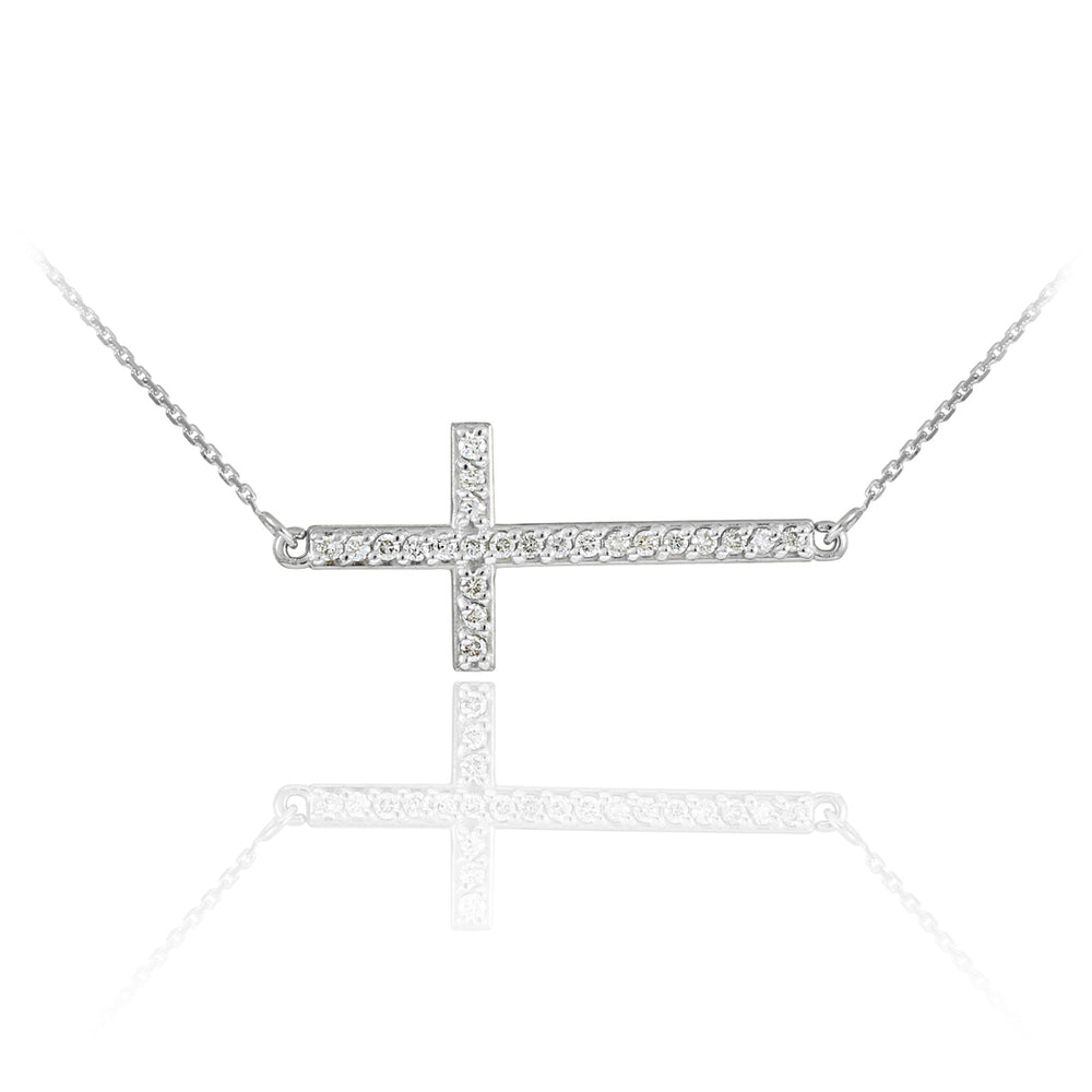 Sterling Silver Cubic Zirconia Studded Sideways Cross Pendant Necklace