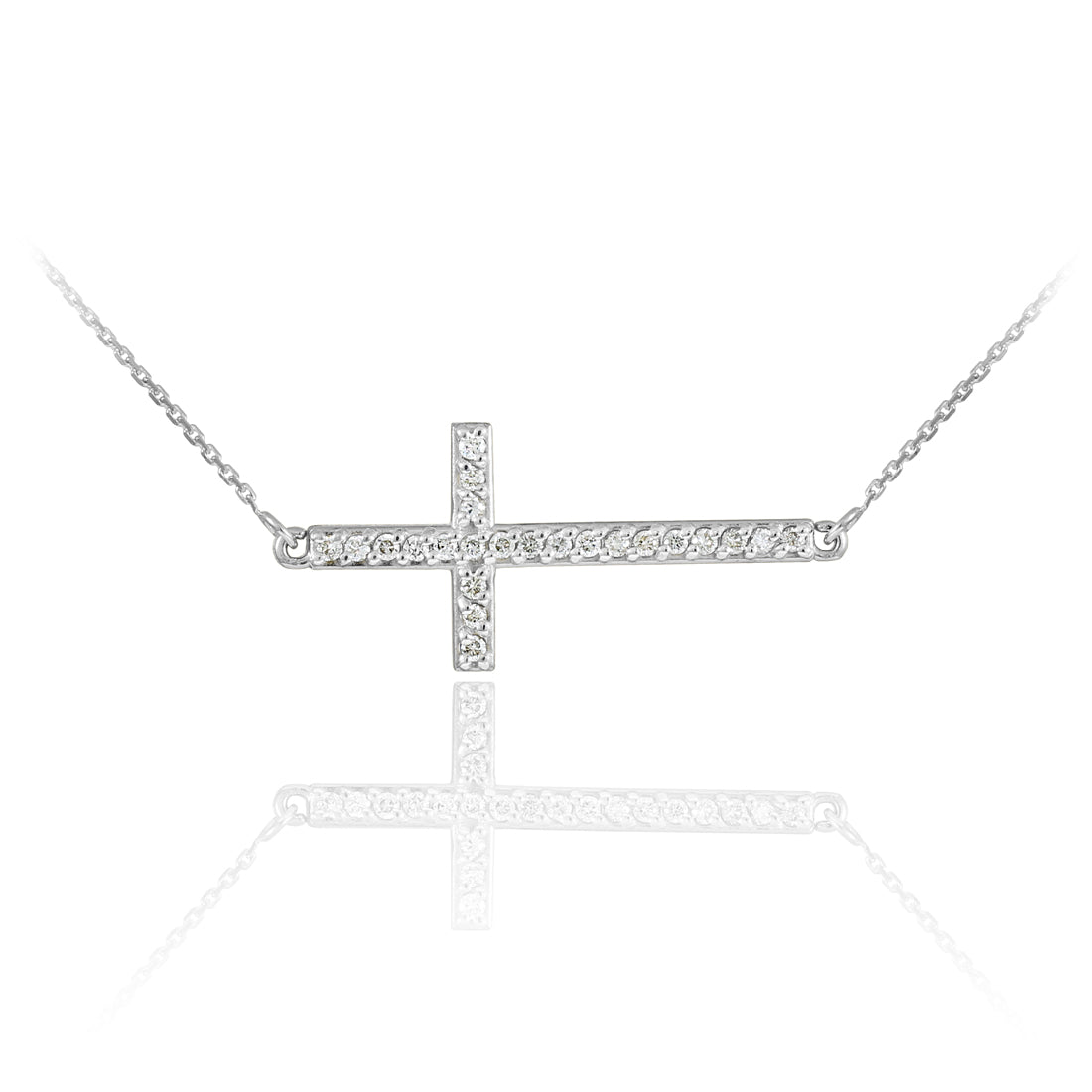 Sterling Silver Cubic Zirconia Studded Sideways Cross Pendant Necklace