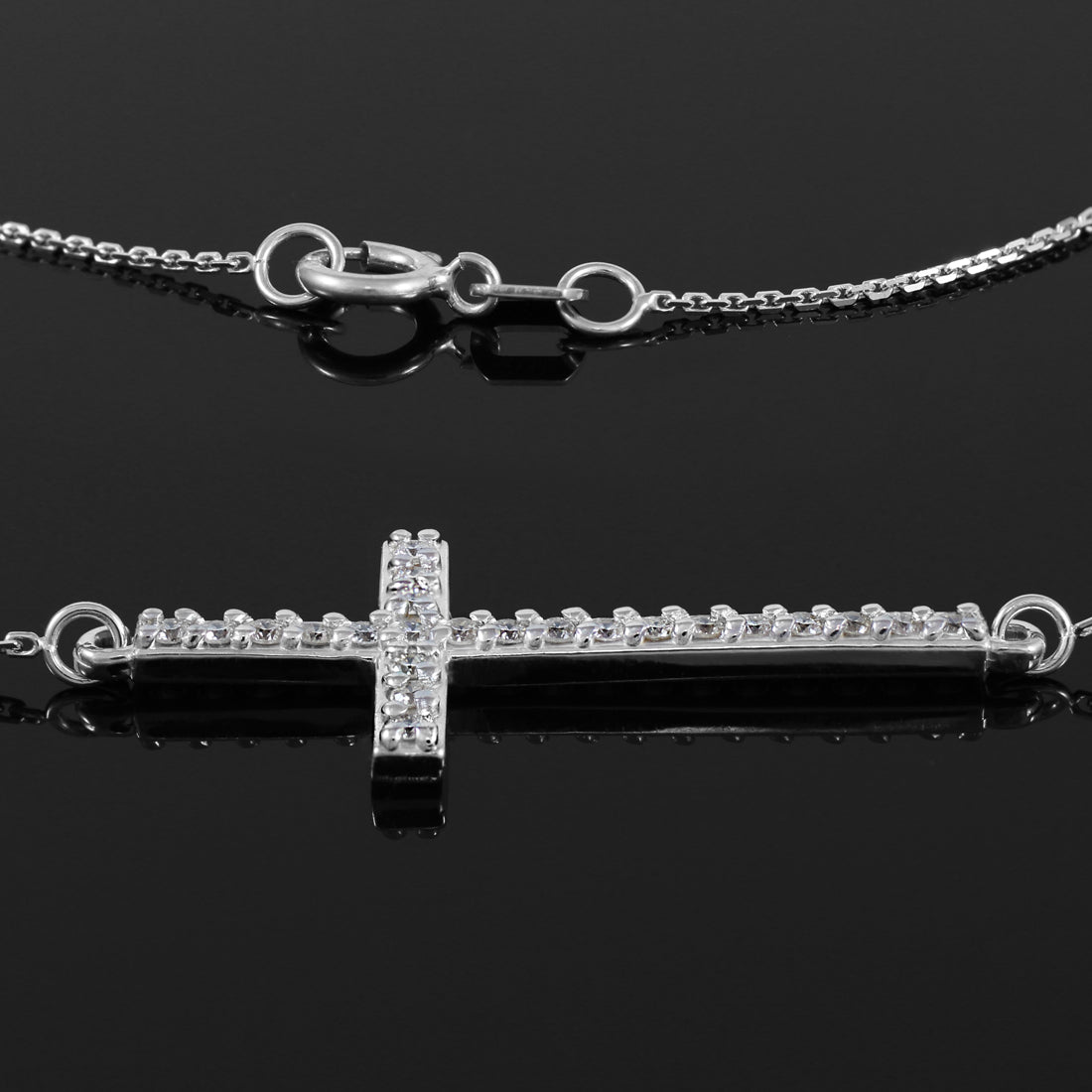 Sterling Silver Cubic Zirconia Studded Sideways Cross Pendant Necklace, view 2
