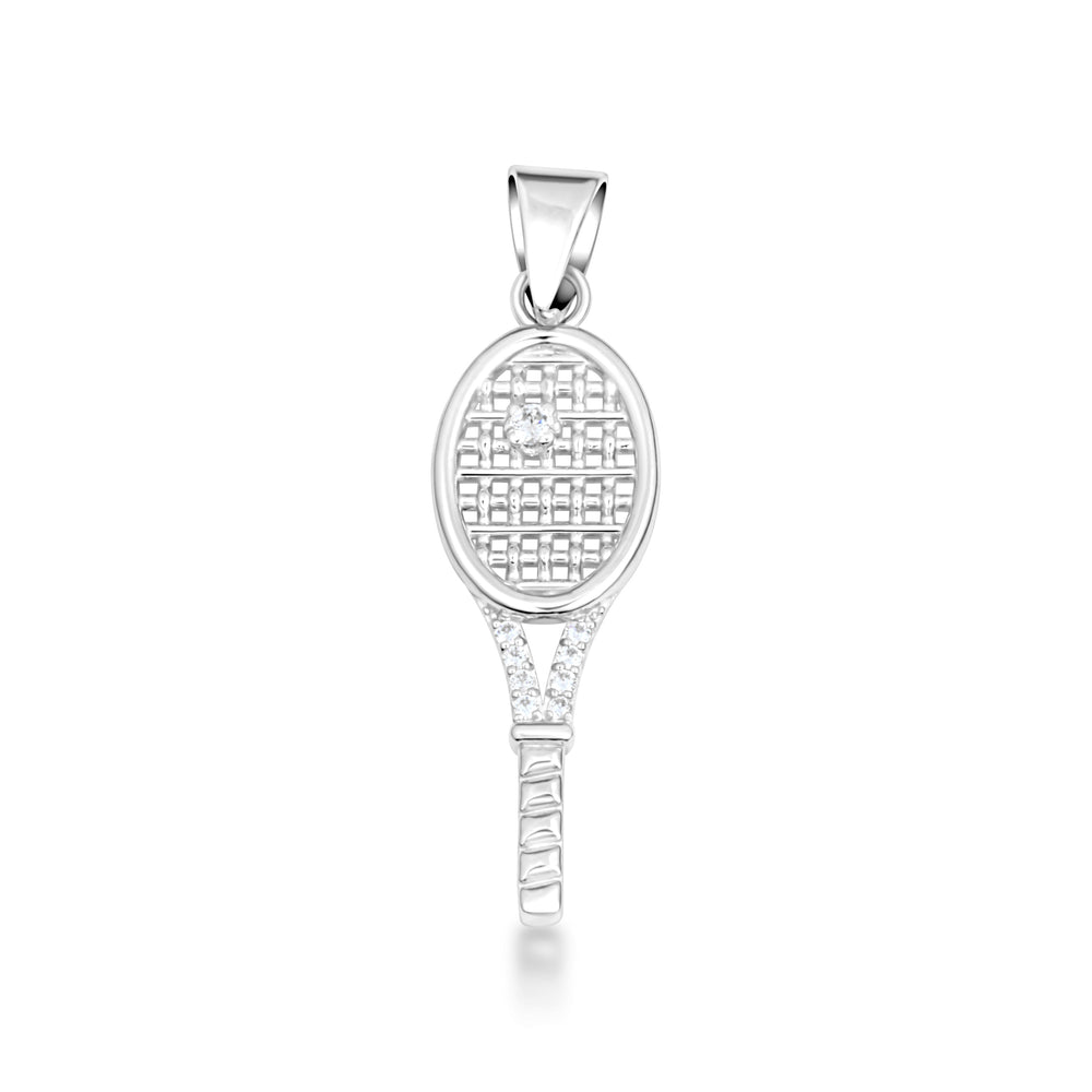 Sterling Silver Cubic Zirconia Tennis Racket Sport Pendant Necklace