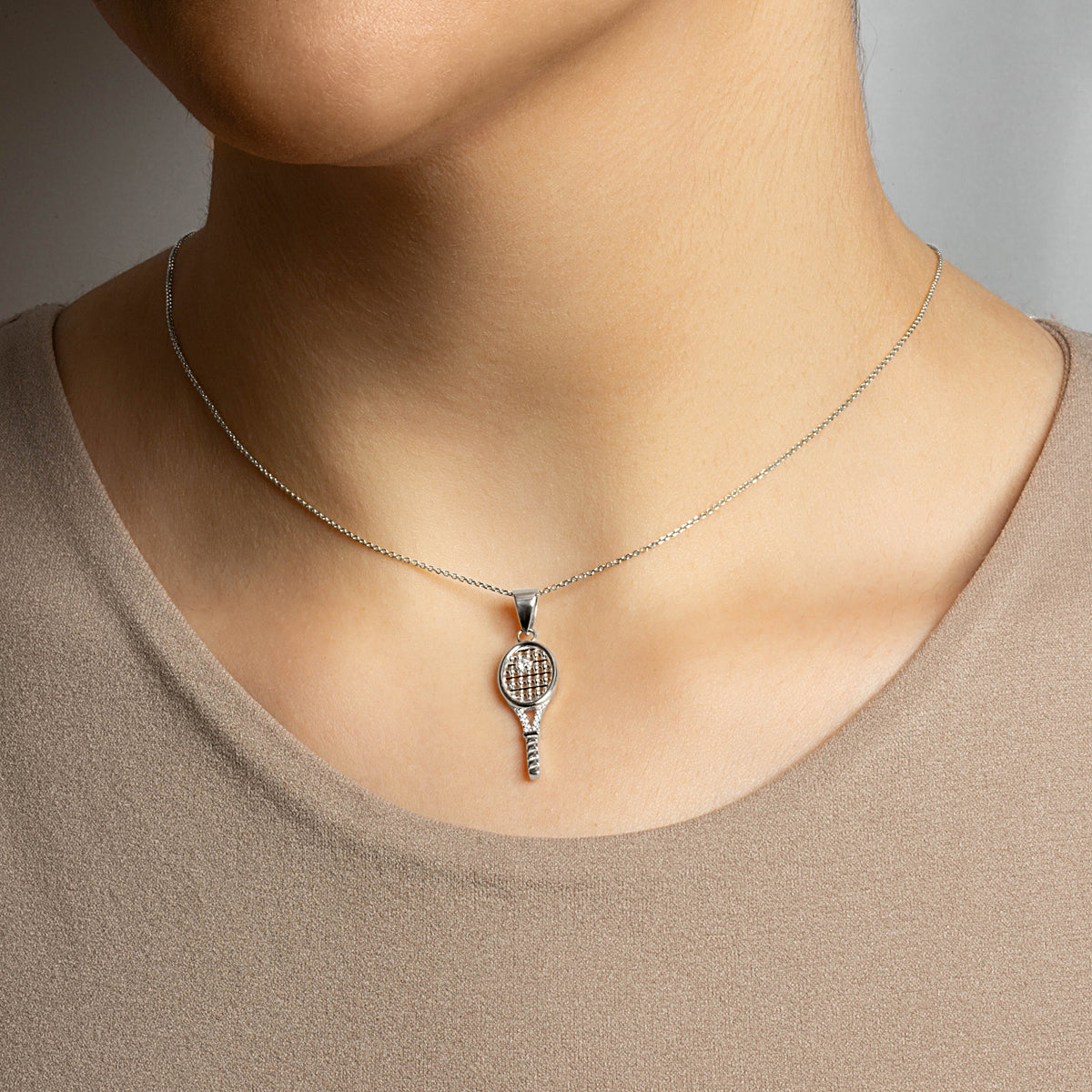 Sterling Silver Cubic Zirconia Tennis Racket Sport Pendant Necklace, view 2