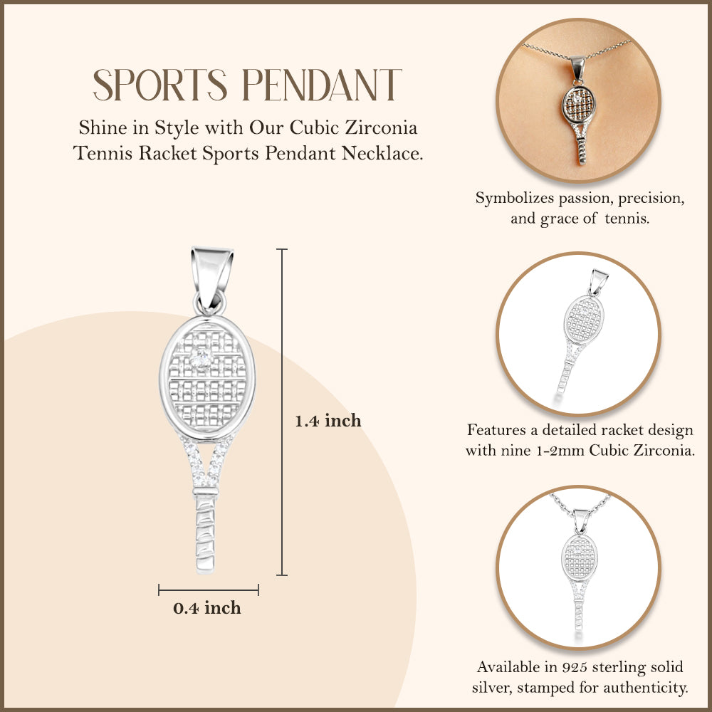 Sterling Silver Cubic Zirconia Tennis Racket Sport Pendant Necklace, view 3