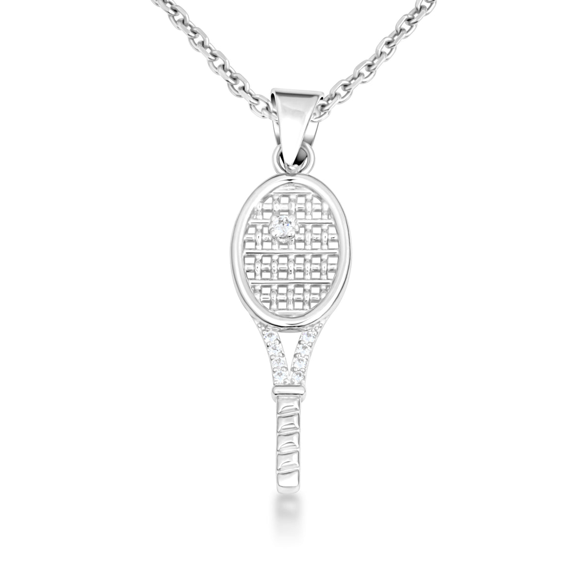 Sterling Silver Cubic Zirconia Tennis Racket Sport Pendant Necklace, view 4