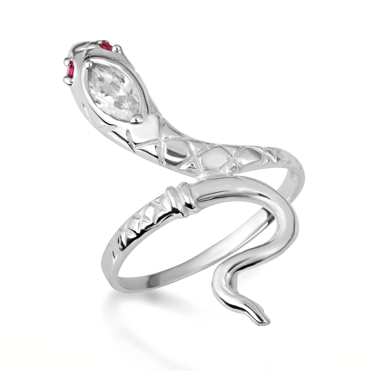 Sterling Silver Cubic Zirconia Textured Snake Ruby Birthstone Ring