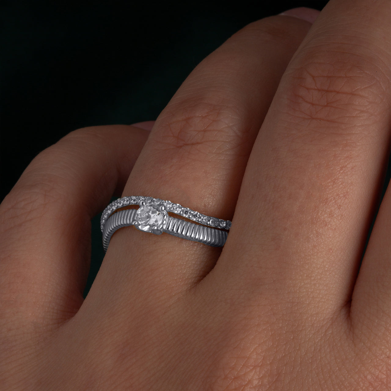 Sterling Silver Cubic Zirconia Wavy Striped Double Band Ring, view 2