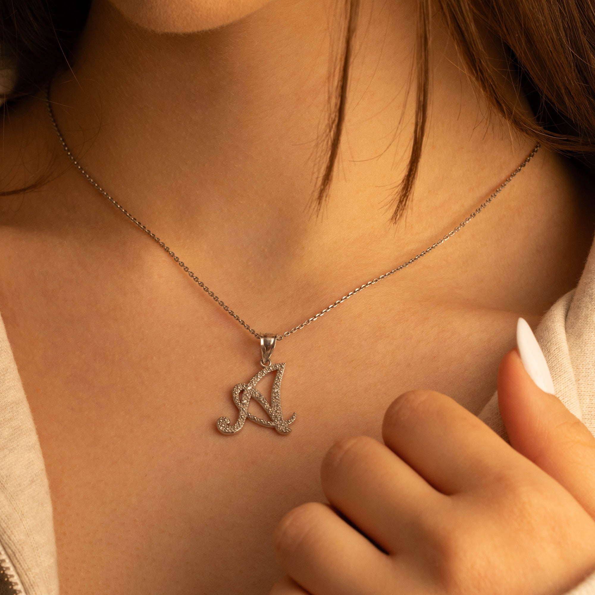 Sterling Silver Cursive Letter Script "A-Z" CZ Initial Pendant Necklace, view 2