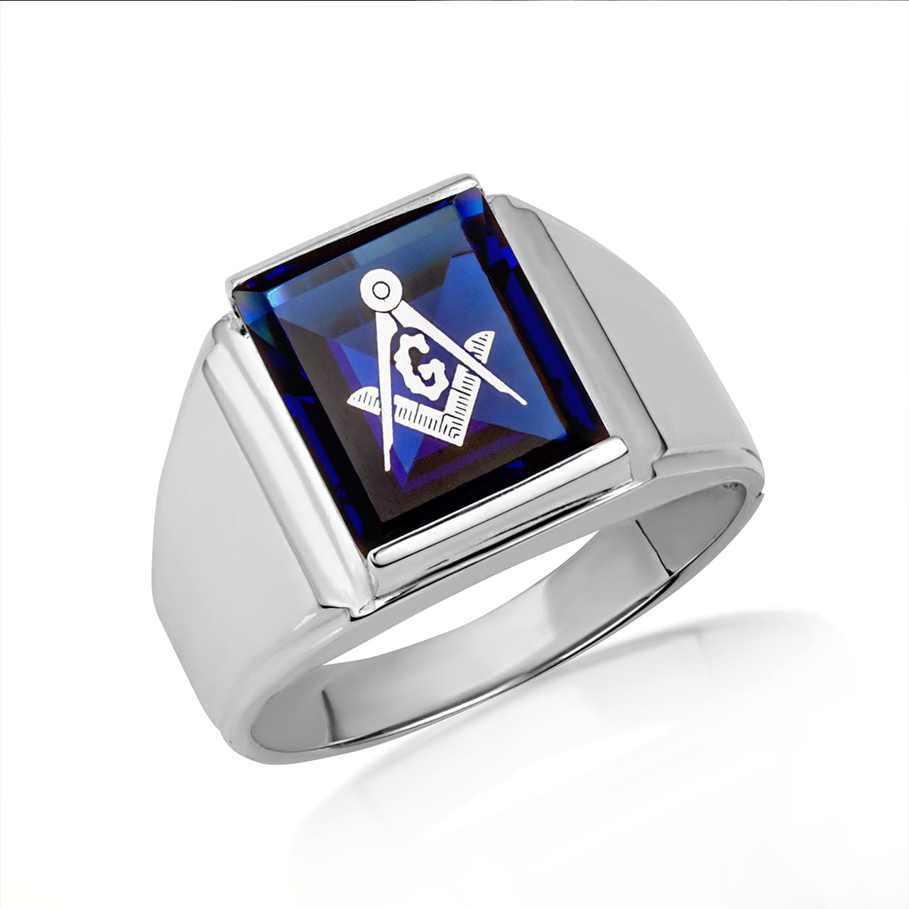 Sterling Silver Custom Emerald Cut Birthstone Freemason Square & Compass Signet Ring