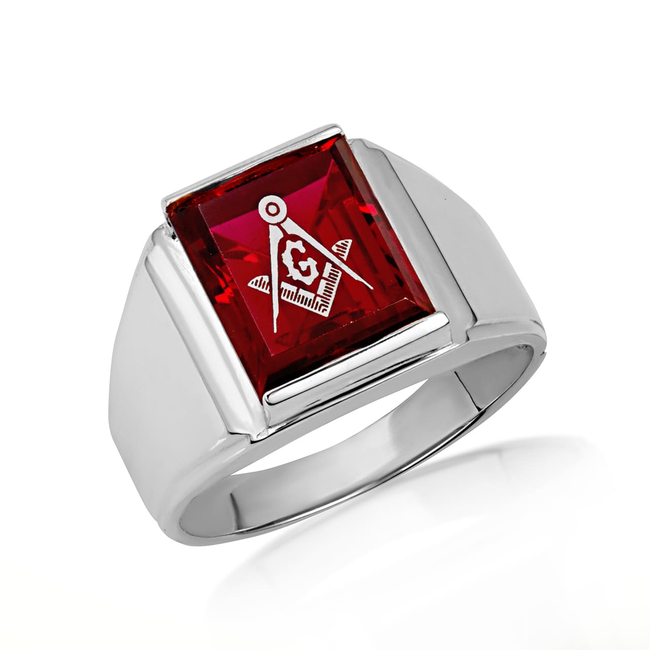 Sterling Silver Custom Emerald Cut Birthstone Freemason Square & Compass Signet Ring, view 2
