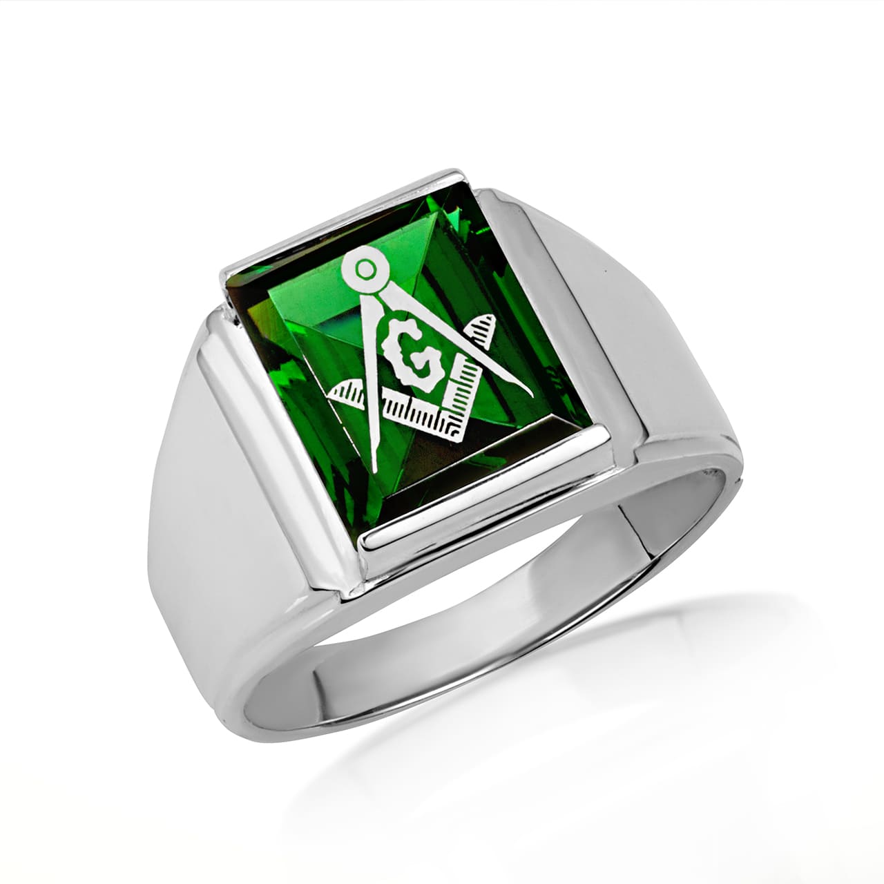 Sterling Silver Custom Emerald Cut Birthstone Freemason Square & Compass Signet Ring, view 3