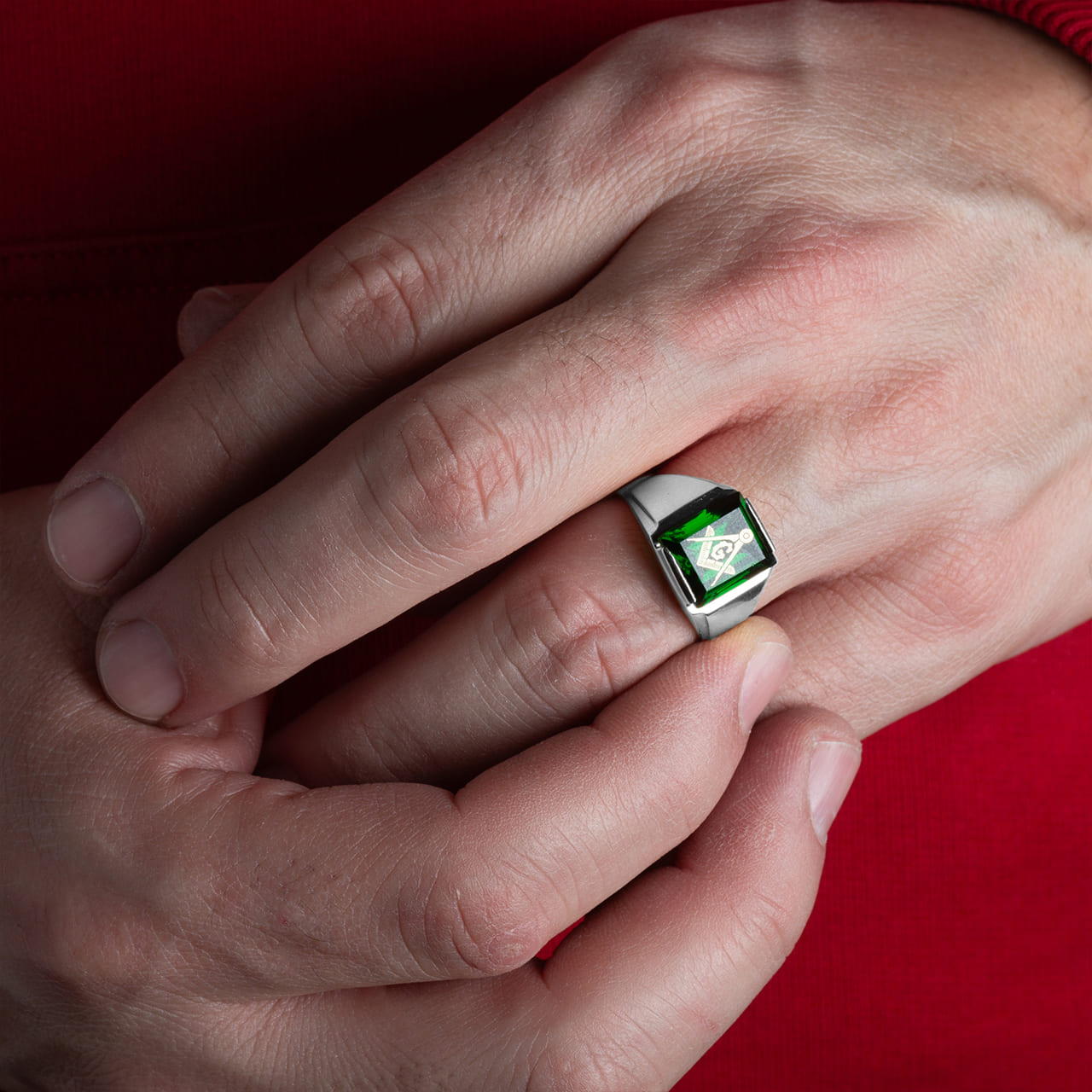 Sterling Silver Custom Emerald Cut Birthstone Freemason Square & Compass Signet Ring, view 4