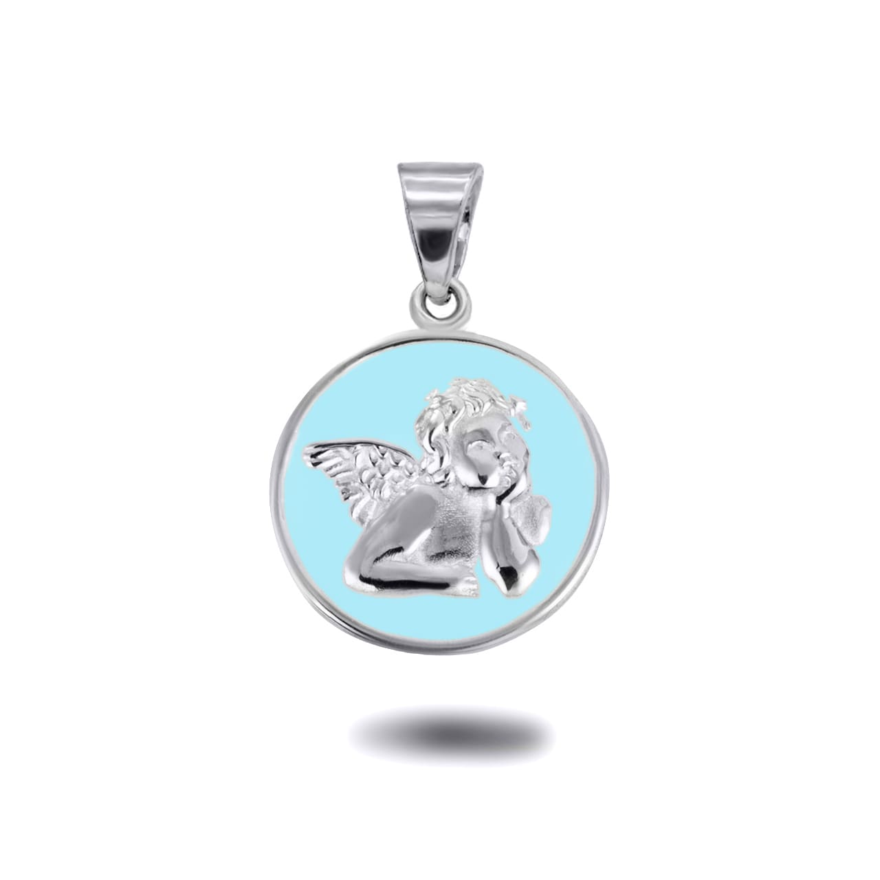 Sterling Silver Custom Enamel Cherub Angel Medallion Pendant Necklace, view 5