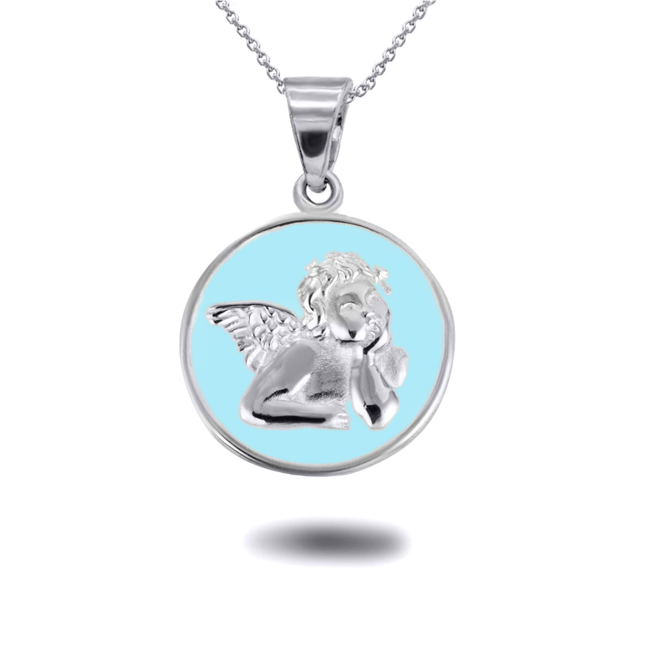 Sterling Silver Custom Enamel Cherub Angel Medallion Pendant Necklace, view 6