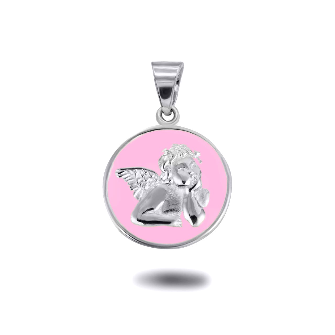 Sterling Silver Custom Enamel Cherub Angel Medallion Pendant Necklace, view 7