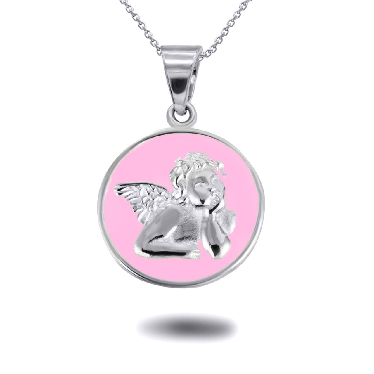 Sterling Silver Custom Enamel Cherub Angel Medallion Pendant Necklace, view 8