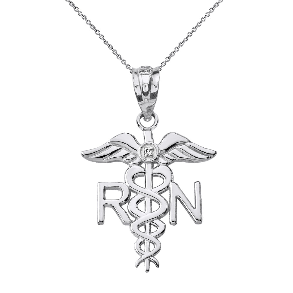 Sterling Silver CZ Registered Nurse RN Caduceus Pendant Necklace