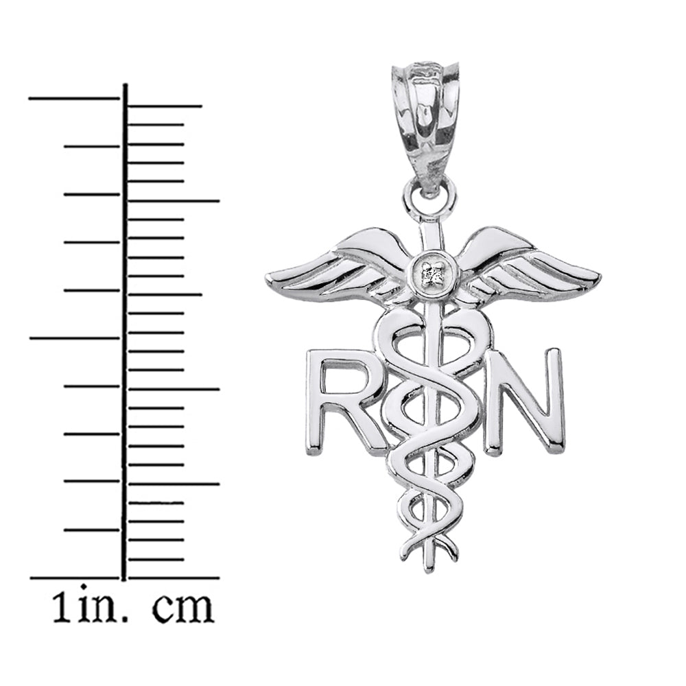 Sterling Silver CZ Registered Nurse RN Caduceus Pendant Necklace, view 3
