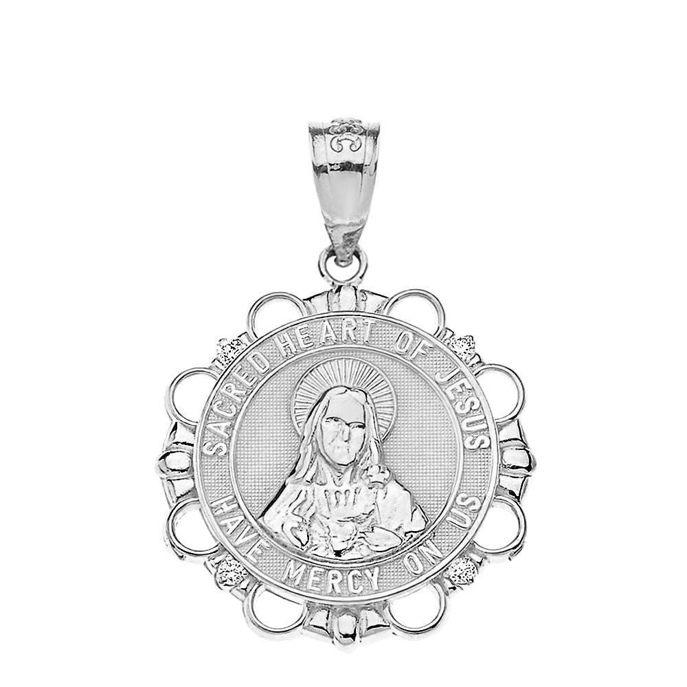 Sterling Silver CZ Sacred Heart of Jesus Have Mercy on Us Circle Pendant Necklace, view 2