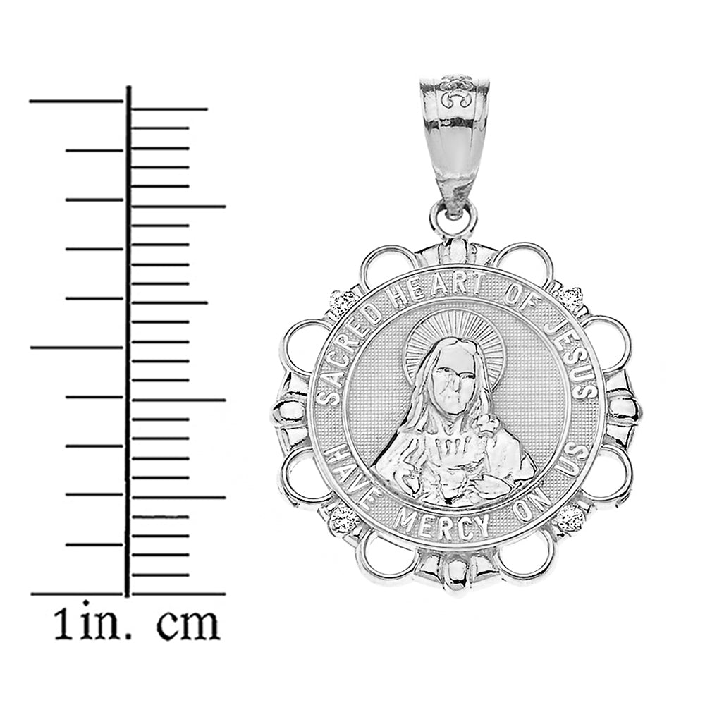 Sterling Silver CZ Sacred Heart of Jesus Have Mercy on Us Circle Pendant Necklace, view 3